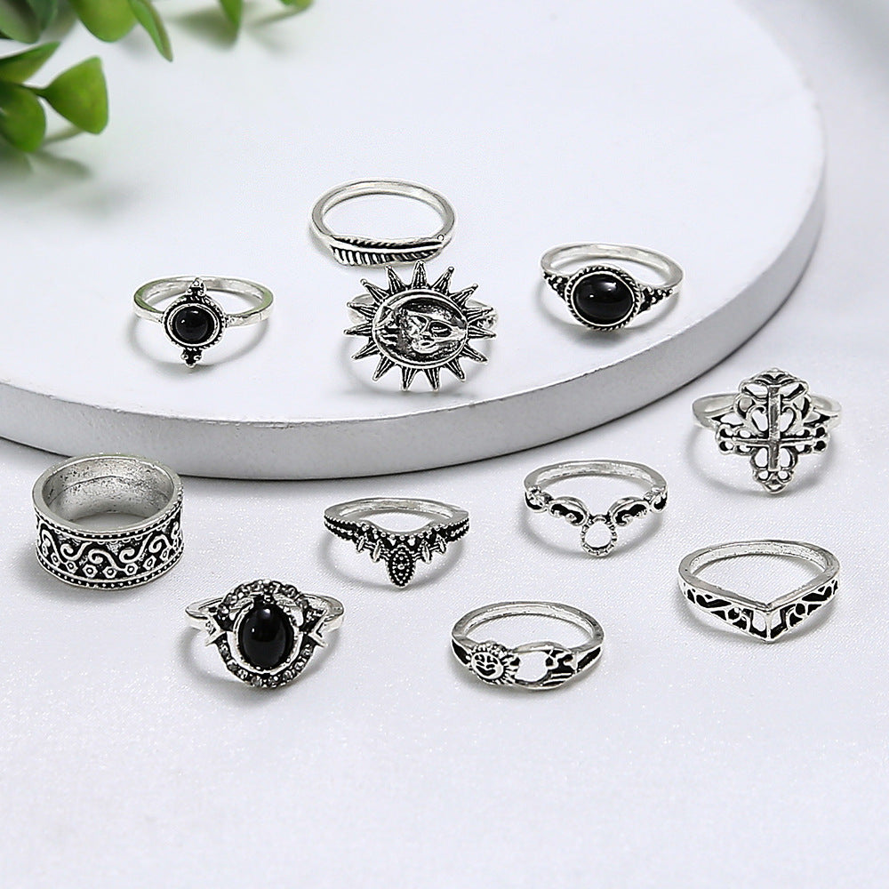 Womens Sunflower Ring Hollow Carved With Black Gemstone Micro Diamond Sun Smiley Face Geometric Design In Silver Alloy