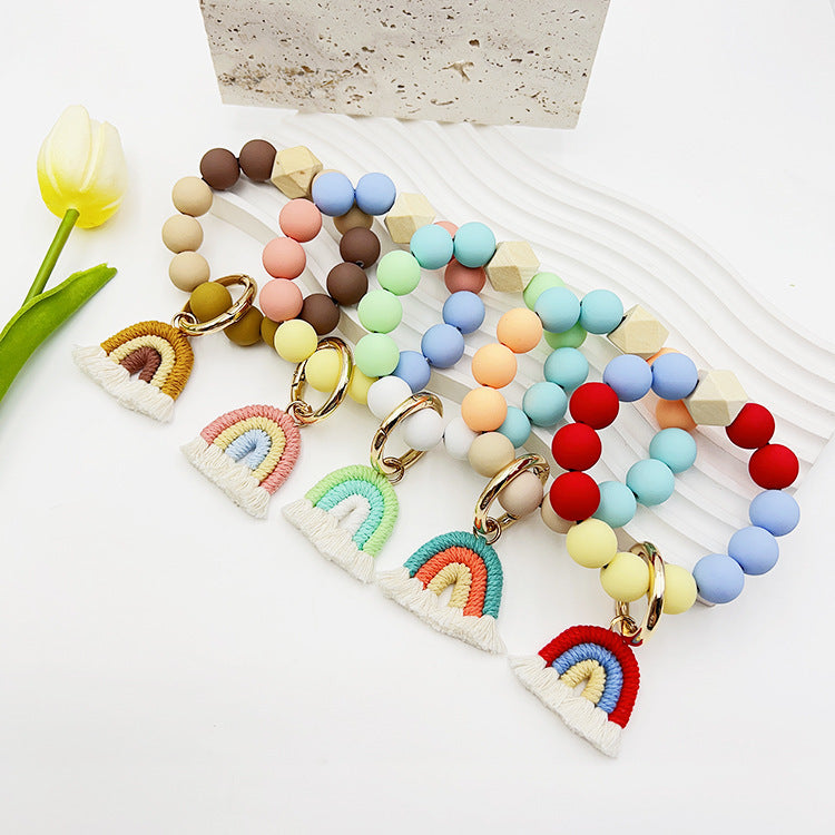 Beaded Bracelet Keychain Handmade Acrylic With Rainbow Tassel And Candy Color Beads European Style Fashionable