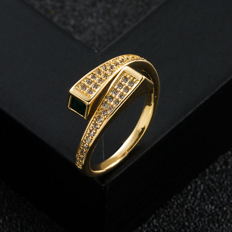 Gold Plated Copper Zircon Geometry Ring With Micropave Design For Fashion Forward Women Everyday Wear Lightweight