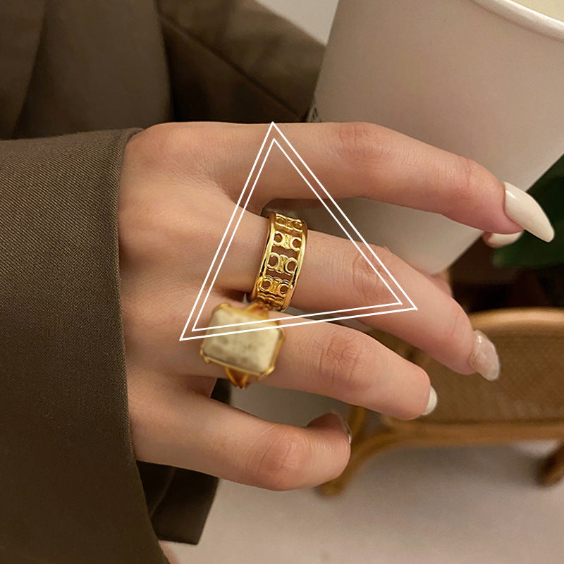 Womens Vintage Ring Silver Plated Ring With Marble Stone Adjustable Open Ring Fashion Jewelry Street Ring High