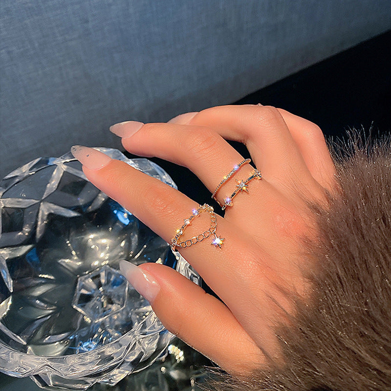 Adjustable Double Link Star Zircon Copper Ring In White Gold Meteor Design For Fashionable Women For Modern Style