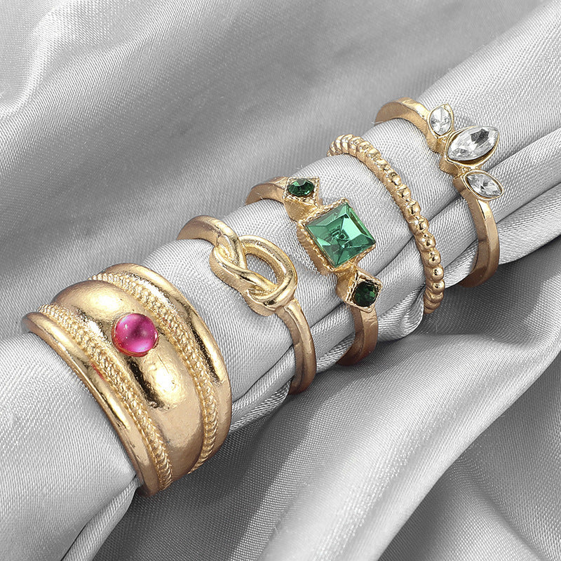 Womens Retro Knuckle Rings Set Wide Alloy Inlaid Gems European Geometric Design Electroplated Finish Design Set