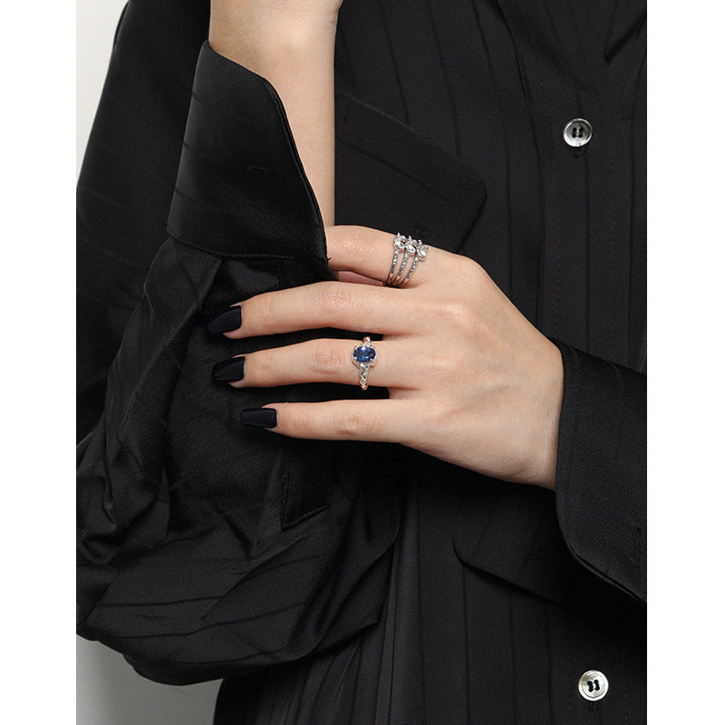 Womens Silver Ring Adjustable Open Ring Geometric Design Irregular Surface Micro Inlaid Zirconia Electroplated