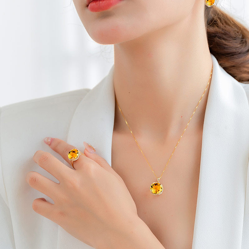 Womens Yellow Zircon Topaz Necklace Pendant And Ring Set Copper Geometric Design Jewelry Sets Ideal Gift Style