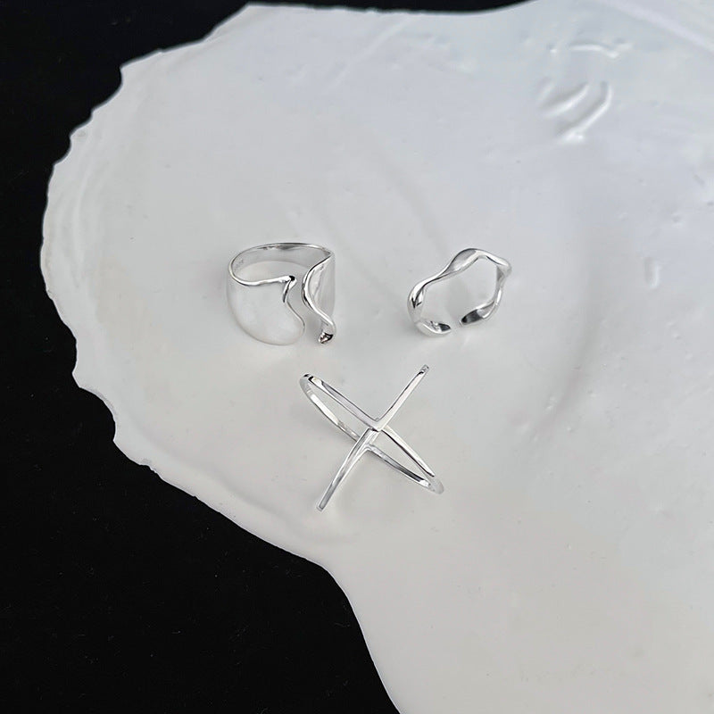 Adjustable 925 Silver Ring Unisex Geometric Wave Twist Cross Design for Everyday Wear Open adjustable size fit