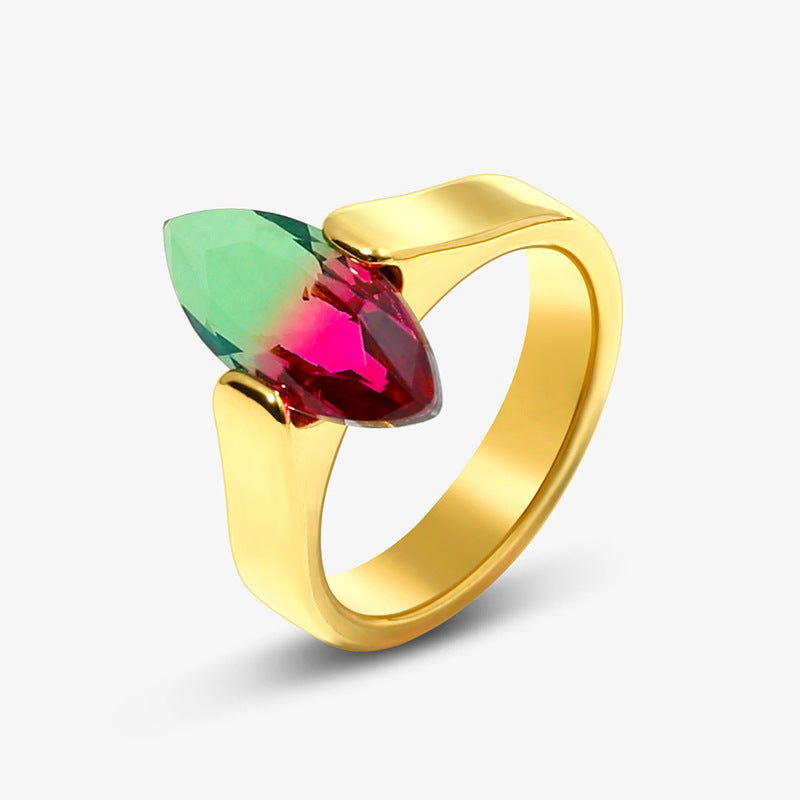 Womens Stainless Steel Ring With Tourmaline Inlay And Golden Gemstone Accent Fashion Jewelry Elegant Band Ring