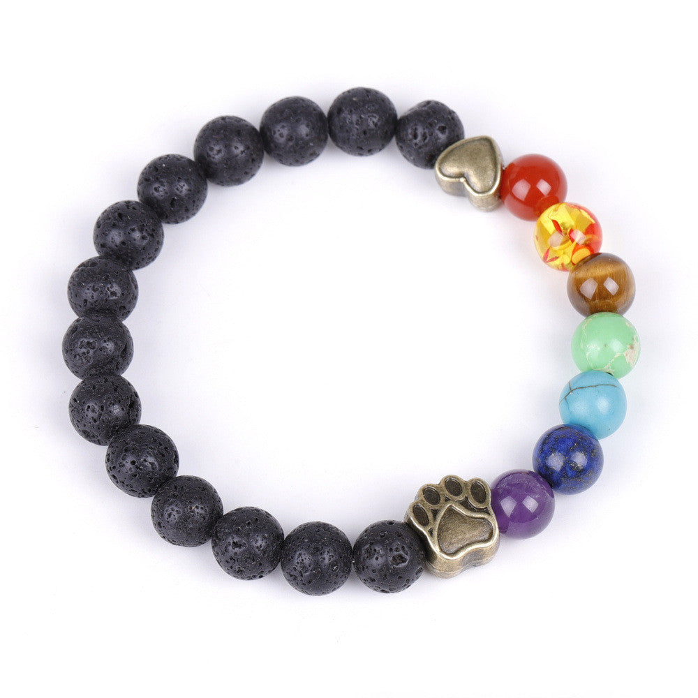 Unisex Stone Beaded Bracelet Love Heart Dog Claw Charm Bohemian Animal Jewelry Round Beads Matte Black Bohemia