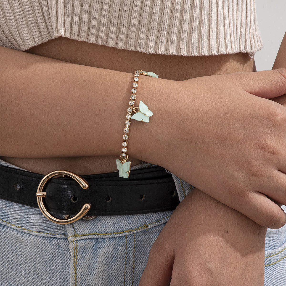 Butterfly Alloy Bracelet With Gemstones Inlays For Women Elegant Charm Jewelry Gift Beautiful Sparkle For Everyday Wear