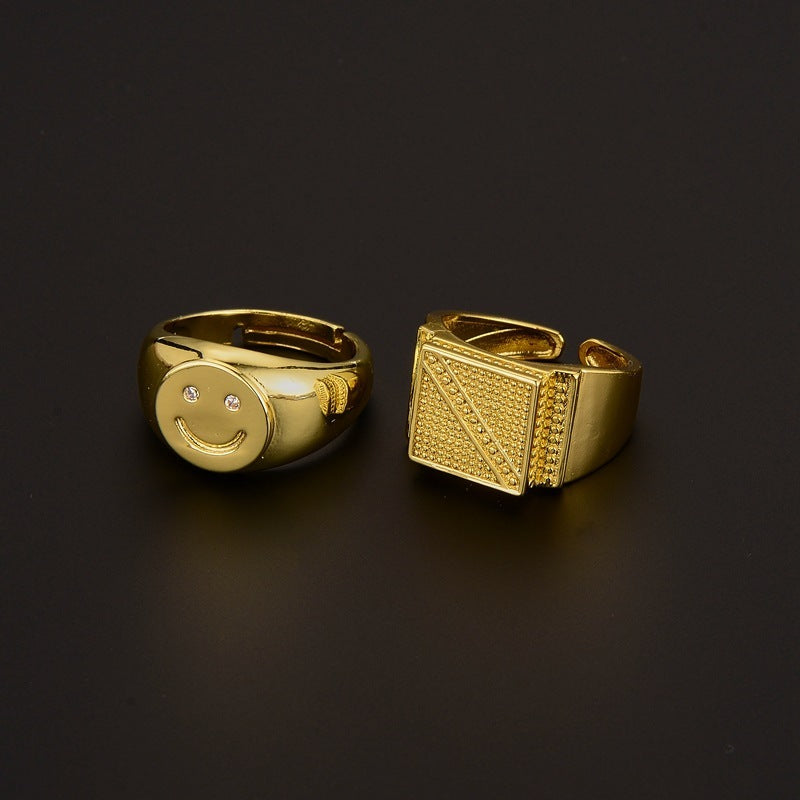 Womens Ring Simple Gold Smiley Face Ring Trendy Retro Korean Inspired Jewelry Electroplated Copper Fashion Chic
