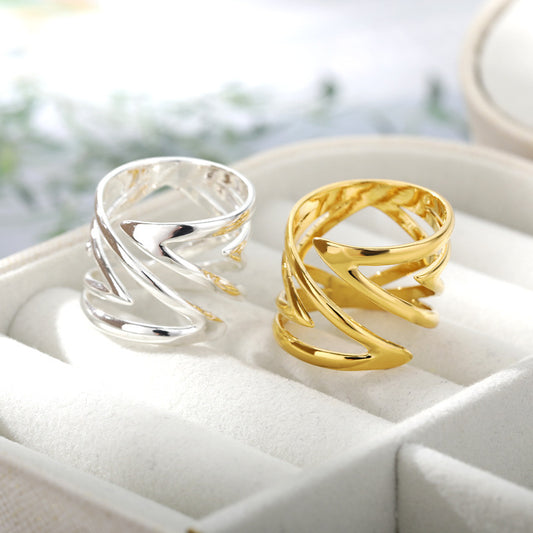 Adjustable Copper Ring Open Design Geometric Gold Inlay Ring Versatile Irregular Winding Cross Handcrafted Art