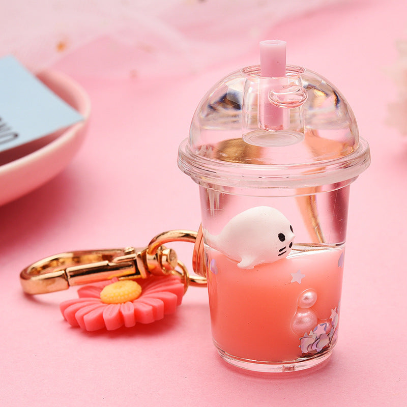 Milk Tea Cup Keychain With Cute Cartoon Animal Pendant Electroplated Charm Light Blue Lemon Yellow Pink Acrylic