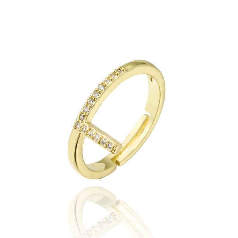 Adjustable Letter Ring Zircon Inlay Copper Jewelry