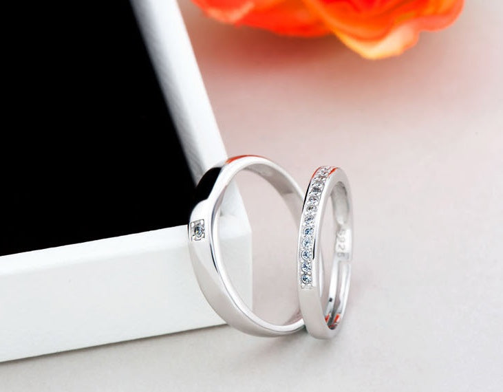 Sterling Silver Couple Rings Simple New Geometric Bands with Zircon Stone Engagement Promise Jewelry for Women