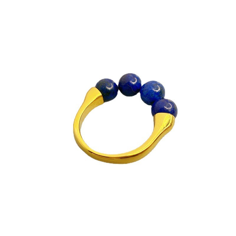 Copper Beaded Ring Geometric Retro Style With Blue Lapis Lazuli And Brown Tiger Eye Gemstones For Women Everyday Wear