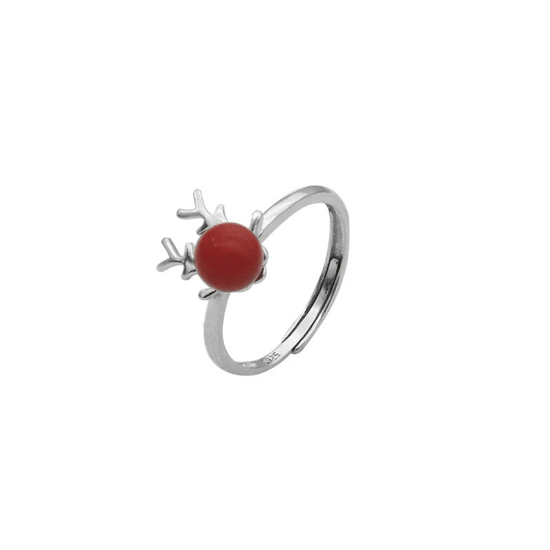 Womens Sterling Silver Ring With Red Pearl Elk Zodiac Christmas Ring Holiday Jewelry Gift For Her Classic Look