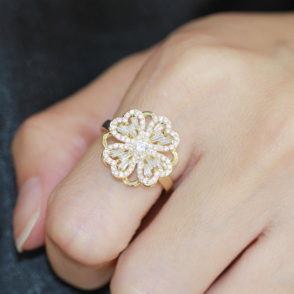 Womens Rotatable Clover Ring Gold Plated Copper Adjustable Fashion Korean Ring Lucky Four Leaf Clover Ring Set