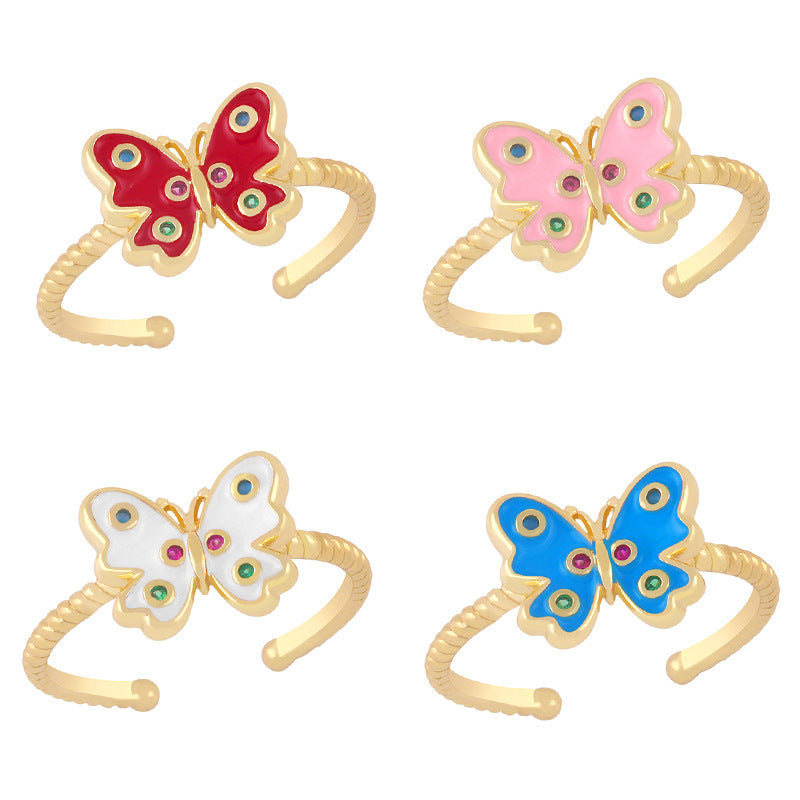 Butterfly Ring Copper Adjustable Open Band White Gemstone Inlaid Gold Plated Jewelry Women Fashion Ring Index Finger