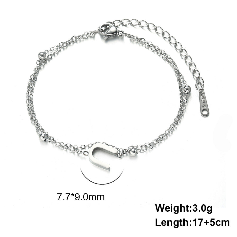 Womens Stainless Steel Double Layer Chain Bracelet With Initial Pendant Electroplated Finish Jewelry Gift Gold