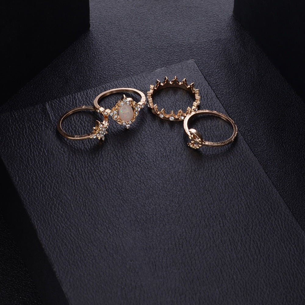 Womens Ring Set Vintage Crown Star Moon Design High Quality Alloy Jewelry Diamond Geometric European Americana