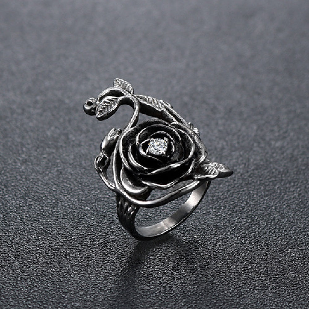 Black Rose Stainless Steel Band Ring With White Diamonds