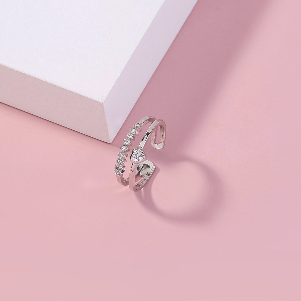 Two Layer Zircon Ring Adjustable Copper Brass Ring Electroplated Finish Elegant Statement Ring Perfect Gift For Women