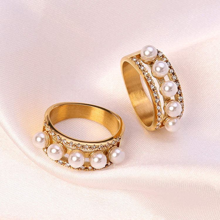 Womens Stainless Steel Ring With Pearl And Diamond Geometric Gold Ring For Her Gift Lovely Accessory For Women