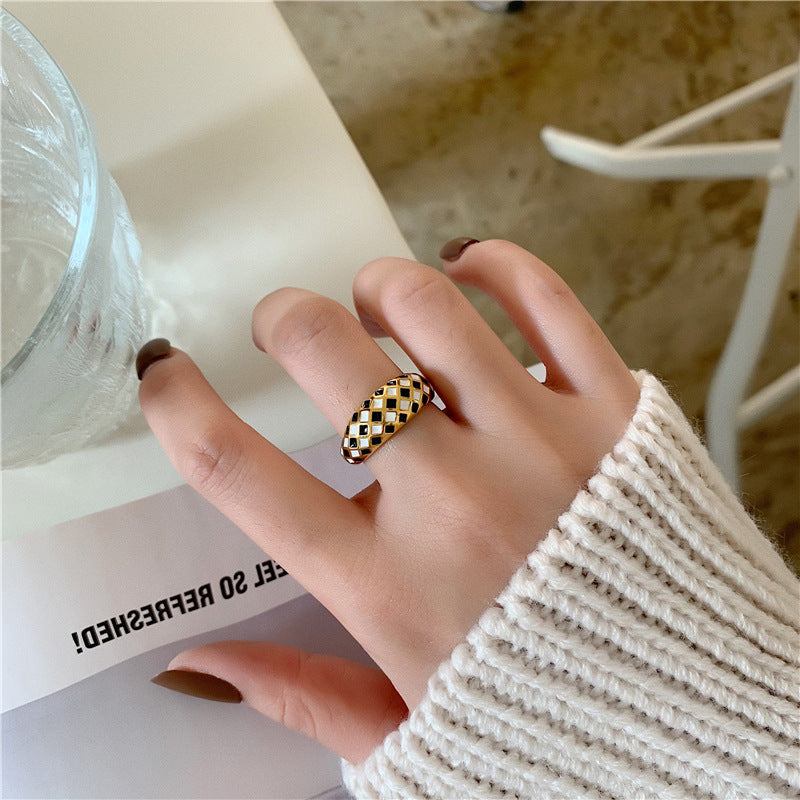 Women's Golden Ring European American Titanium Steel Geometric Ring Individually Packed Birthday Gift Ring Fashionable Ring for Ladies Rhombus Design