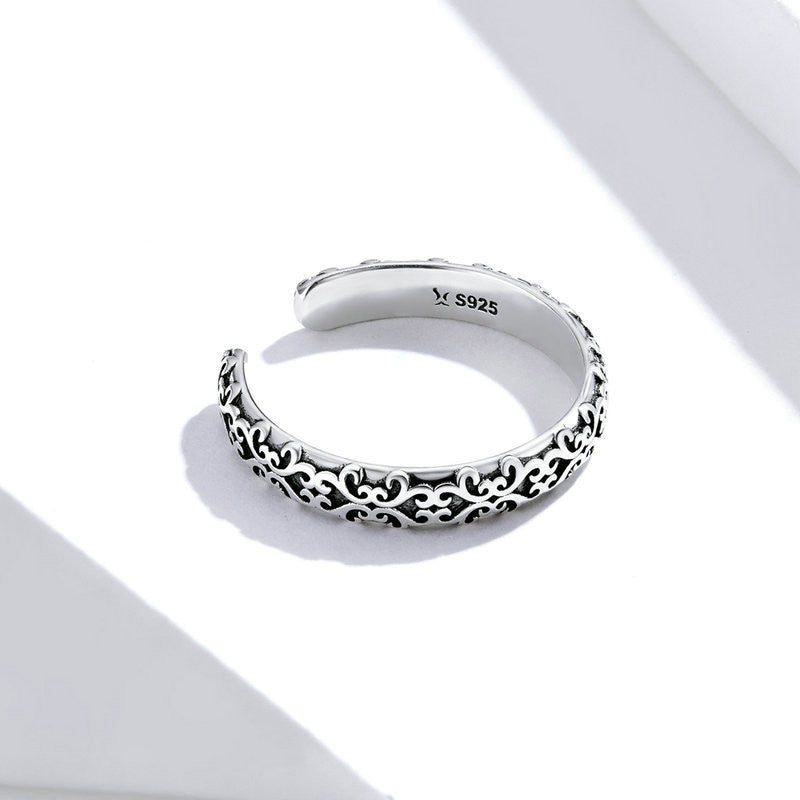 Womens Sterling Silver Adjustable Geometric Ring Vintage Pattern Design With Gem Inlay For Everyday Wear Sleek