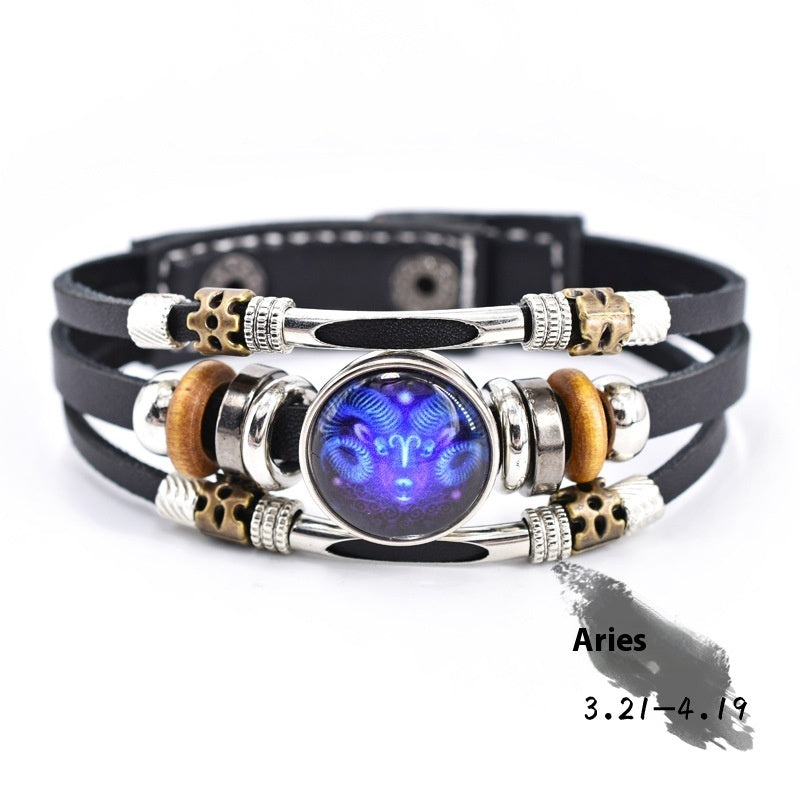 Woven Leather Bracelet With Three Layer Beads And Metal Accents Retro Ethnic Patterned Distressed Constellation