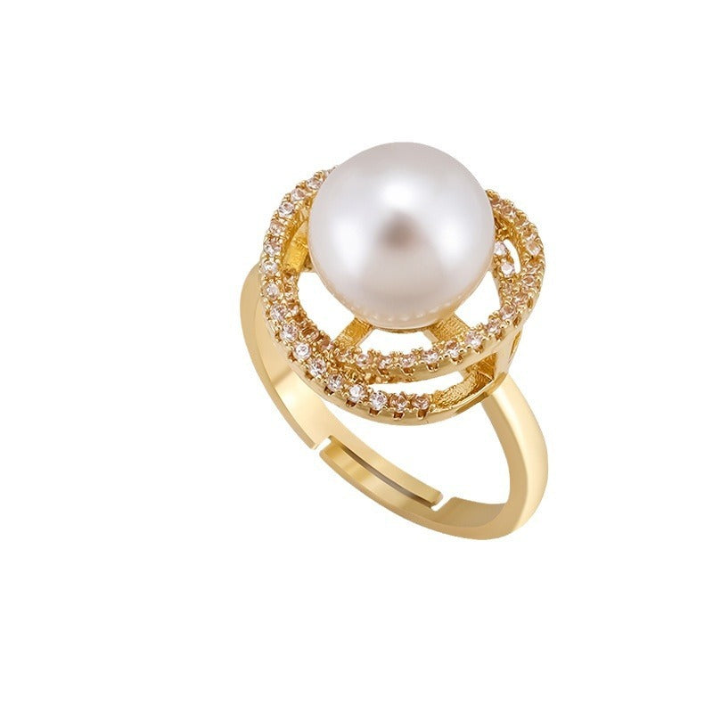 Women Gold Pearl Ring Fashionable Open Mouth Design Copper Adjustable Jewelry For Everyday Style For Her Style