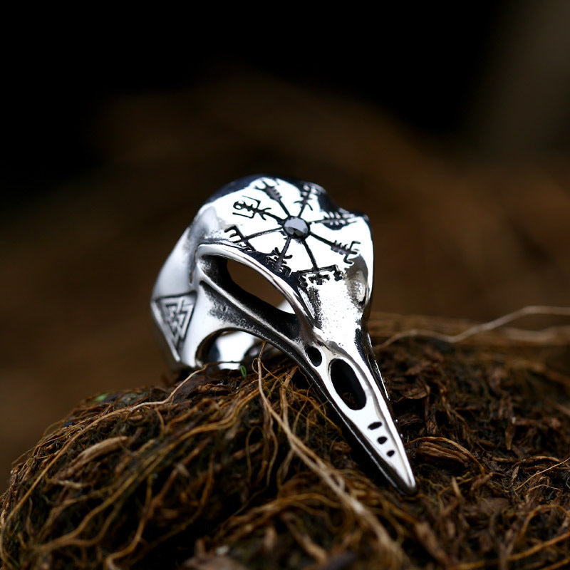 Men's Viking Crow Ring with Inlaid Jewel Vintage Compass Design Titanium Steel Animal Retro Ring for Him Fashion Jewelry Gift