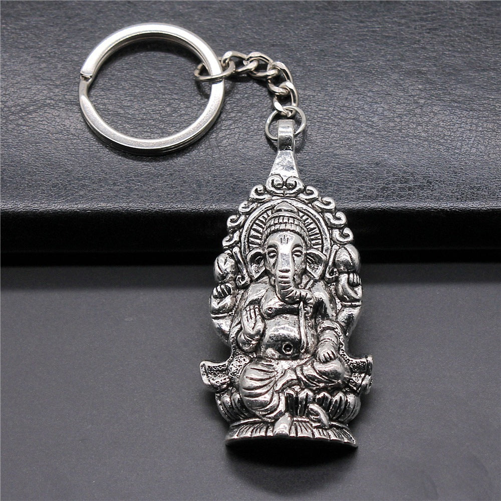 Elephant God Keychain Pendant Antique Silver Bronze Finish Electroplated Metal Ornament Souvenir Gift Keepsake
