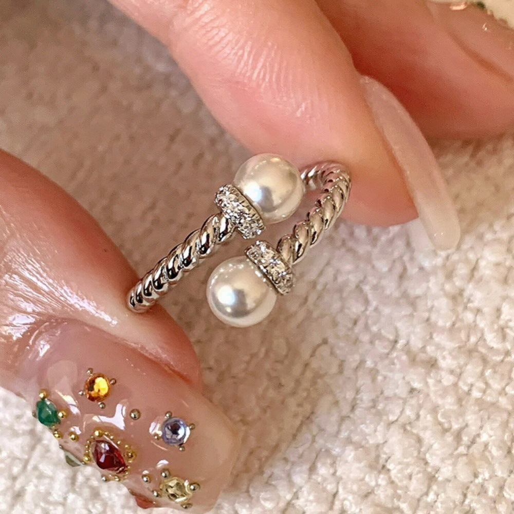 Women's Open Mouth Ring With Double Pearl Copper Ring Electroplating Finish Adjustable Band Jewelry Style Icon