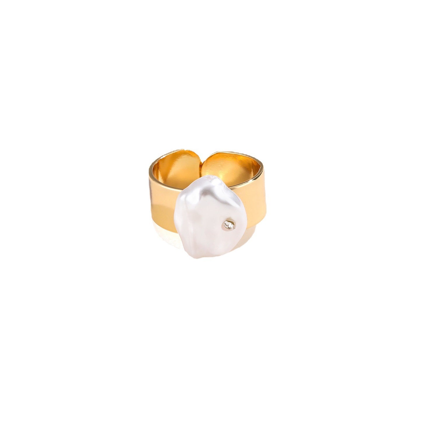 Copper Plated Gold Baroque Pearl Diamond Studded Ring For Women Open Mouth Geometric Style Jewelry Gift Jewels