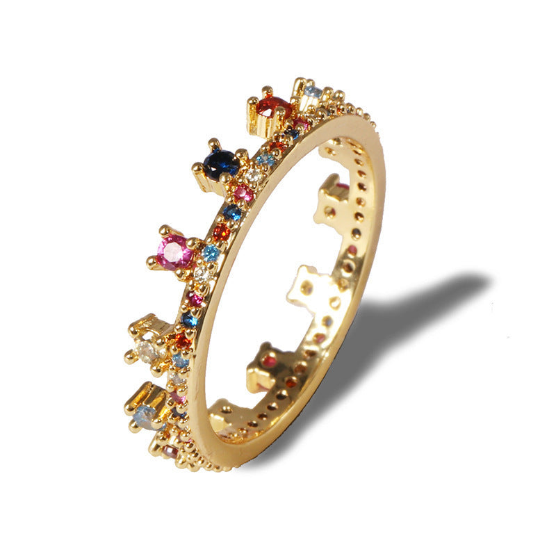 Ladies Fashion Crown Ring Geometric Diamond Ring Copper Heart Ring Gold-Plated Inlaid Artificial Gemstone Ring for Women Girls White Green Rose Color