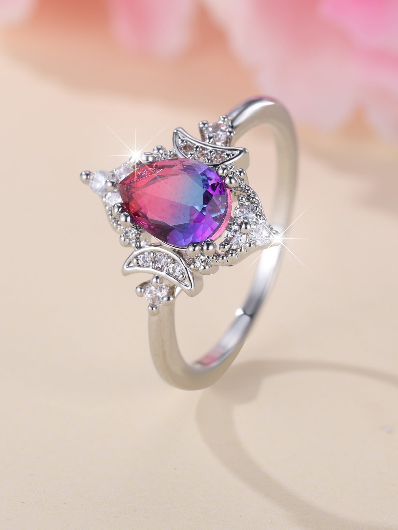 Copper Crown Ring Women Water Drop Tourmaline Style Fashionable Personality Statement Jewelry Silver Rose Blue
