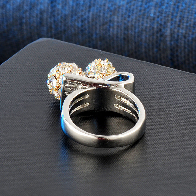 Womens Two Tone Diamond Studded Double Ball Ring Rhinestone Alloy Finger Ring Elegant Fashion Jewelry Gift Idea