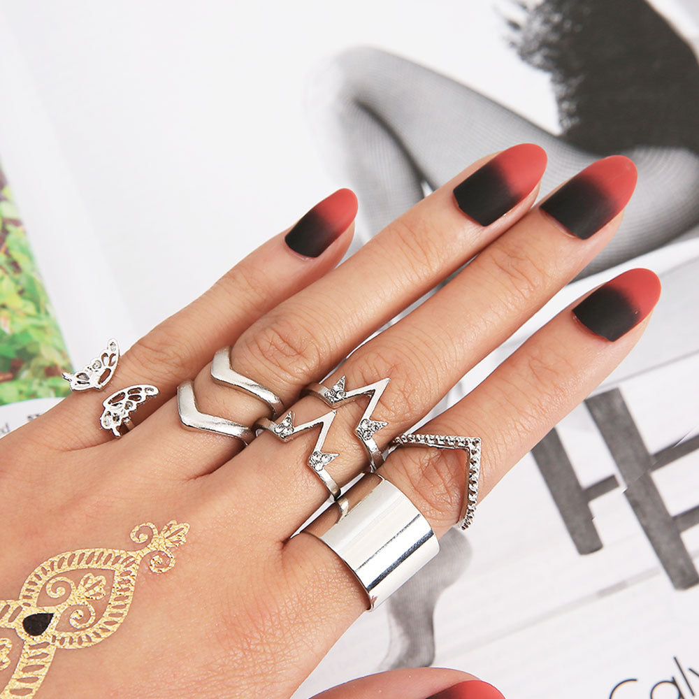 7 Piece Alloy Ring Set For Women With Butterfly Design And Diamond Inlays V Shape Fashion Jewelry Silver Tone Set