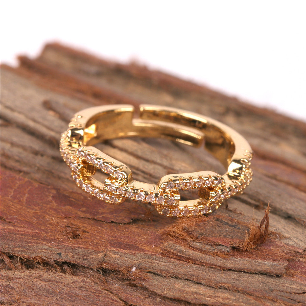Copper Chain Ring With Zircon Gold Plated Adjustable Fashion Jewelry For Women European American Style Sparkle