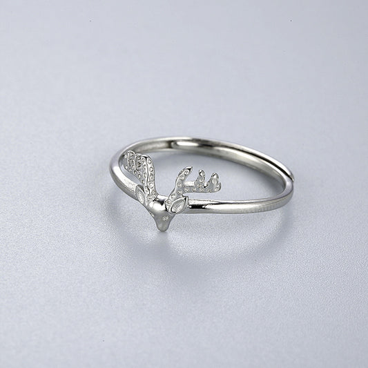 Womens Sterling Silver Antler Ring Adjustable Opening Elk Animal Zodiac Electroplated Ring Nano Anti Oxidation Protection Jewelry Gift For Her Single Ring
