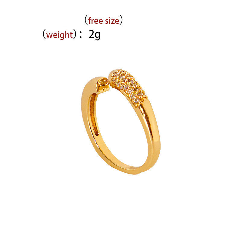Womens Adjustable Copper Ring Wide Band Butterfly Design Gold Plated Inlaid Gemstones Korean Inspired Style Gem