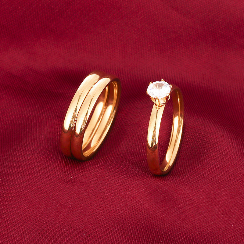 Gold Tone Stainless Ring Set Three Piece Band Diamond Cut