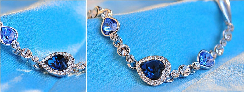 Heart Bracelet With Blue Crystals Love You Heart Design Alloy Metal Plated Finish Elegant Jewelry Gift For Her