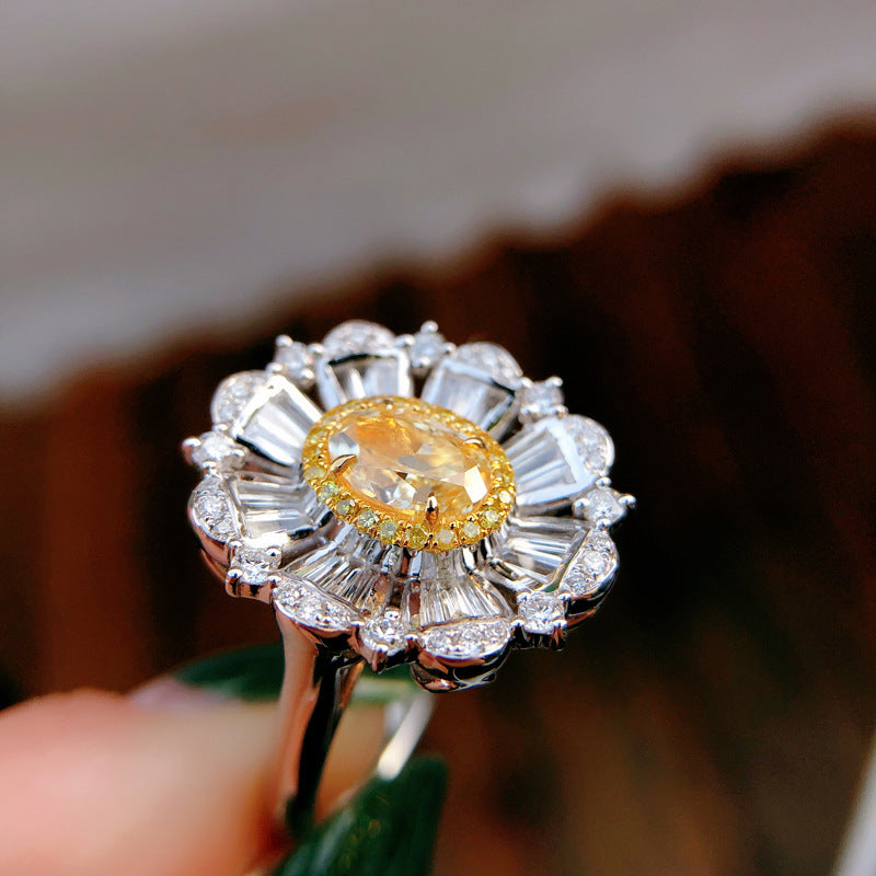 Yellow Diamond Blooming Flower Ring Copper With Sterling Silver Gem Inlay Adjustable Size Jewelry For Women Everyday