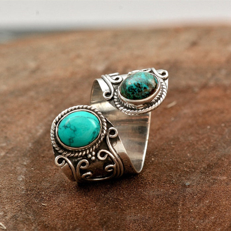 Womens Adjustable Turquoise Ring Silver Bohemian Retro Inlaid Alloy Metal Geometry Ring Fashion Jewelry Inlaid Ring