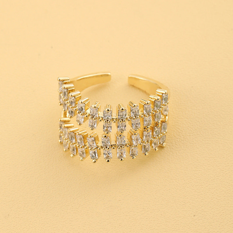 Adjustable Copper Zircon Ring For Women Gold Tone Line Geometry Ins Style Elegant Jewelry For Daily Wear Needs