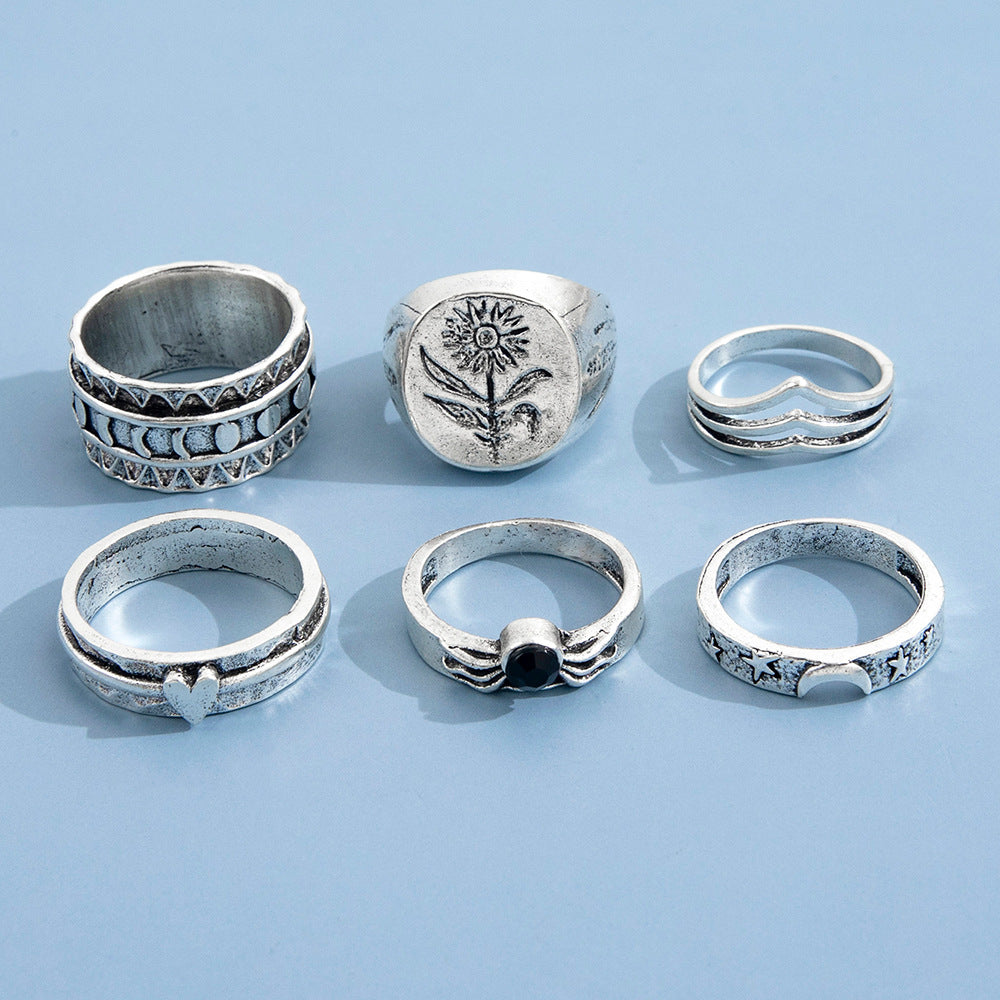Womens Vintage Ring Set Piece Retro Rings Collection With Personality Love Design Sunflower Carved Alloy Rings