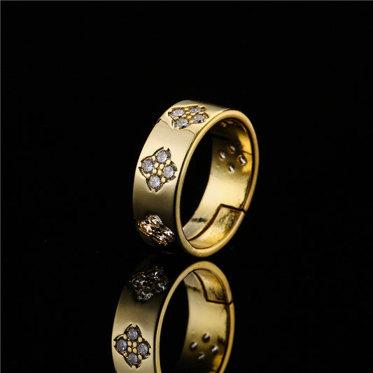 Brass Ring Micro Gold Plated Floral Geometric Design Zircon Embellished Fashion Jewelry For Women Elegant Accessory