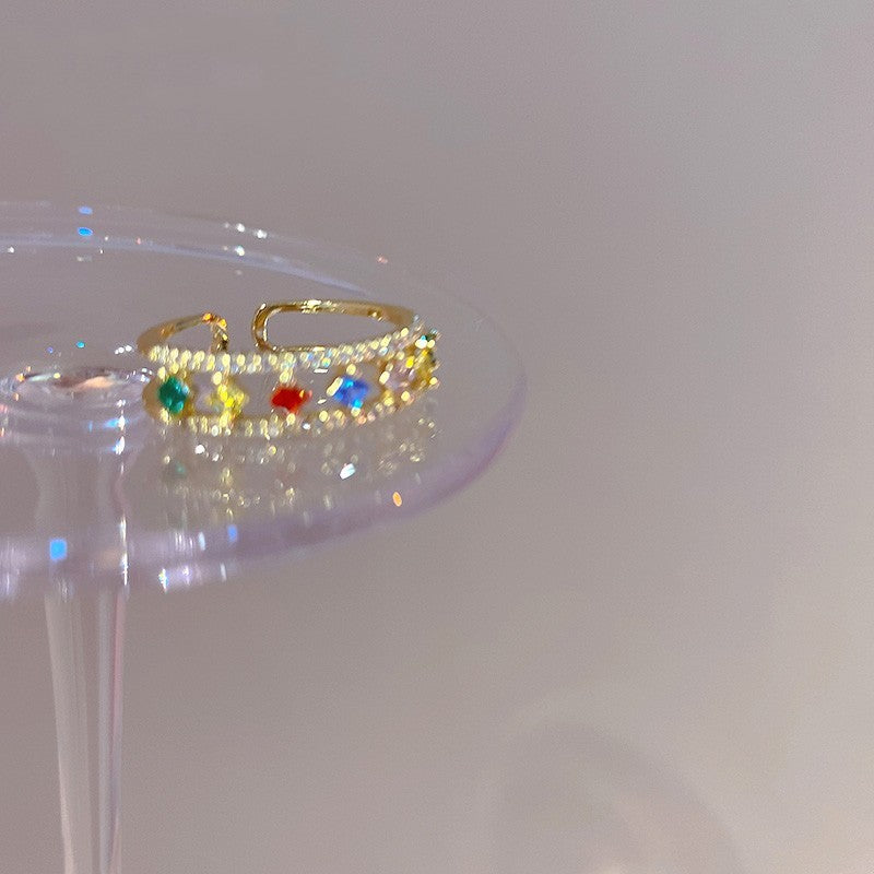 Small Gold Ring with Geometric Pattern and Colored Gemstone Luxurious Brass Ring Size 7 Fashion Jewelry Gift Ring for Women and Girls