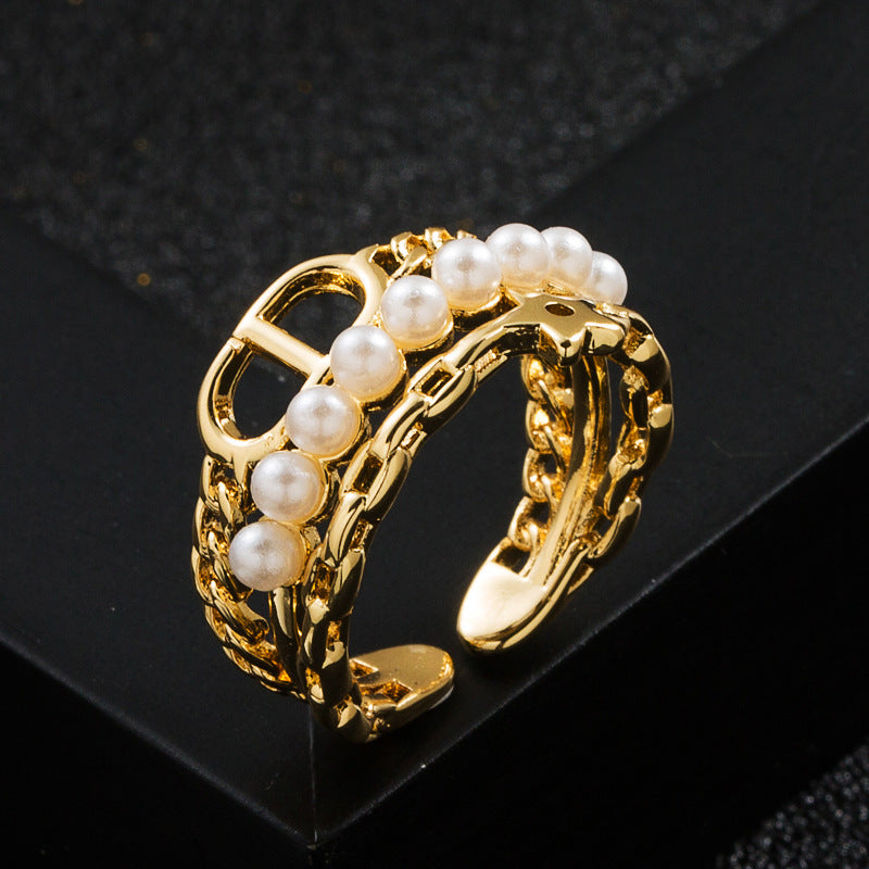 Women Gold Plated Ring Micropaved Zircon Pearl Geometric Copper 18K Plated Fashion Jewelry Statement Accessory